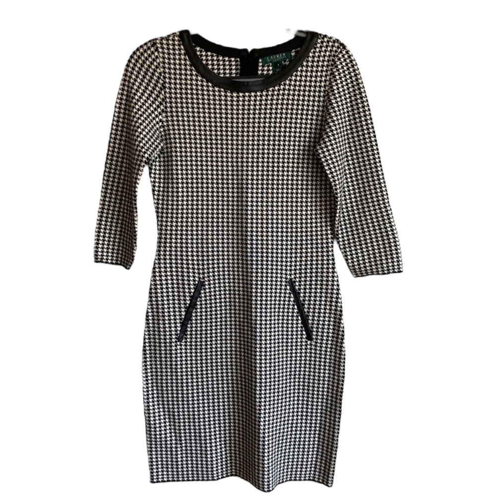 Lauren Ralph Lauren Black and White Houndstooth Knit Dress Faux Leather Trim S - Picture 3 of 5